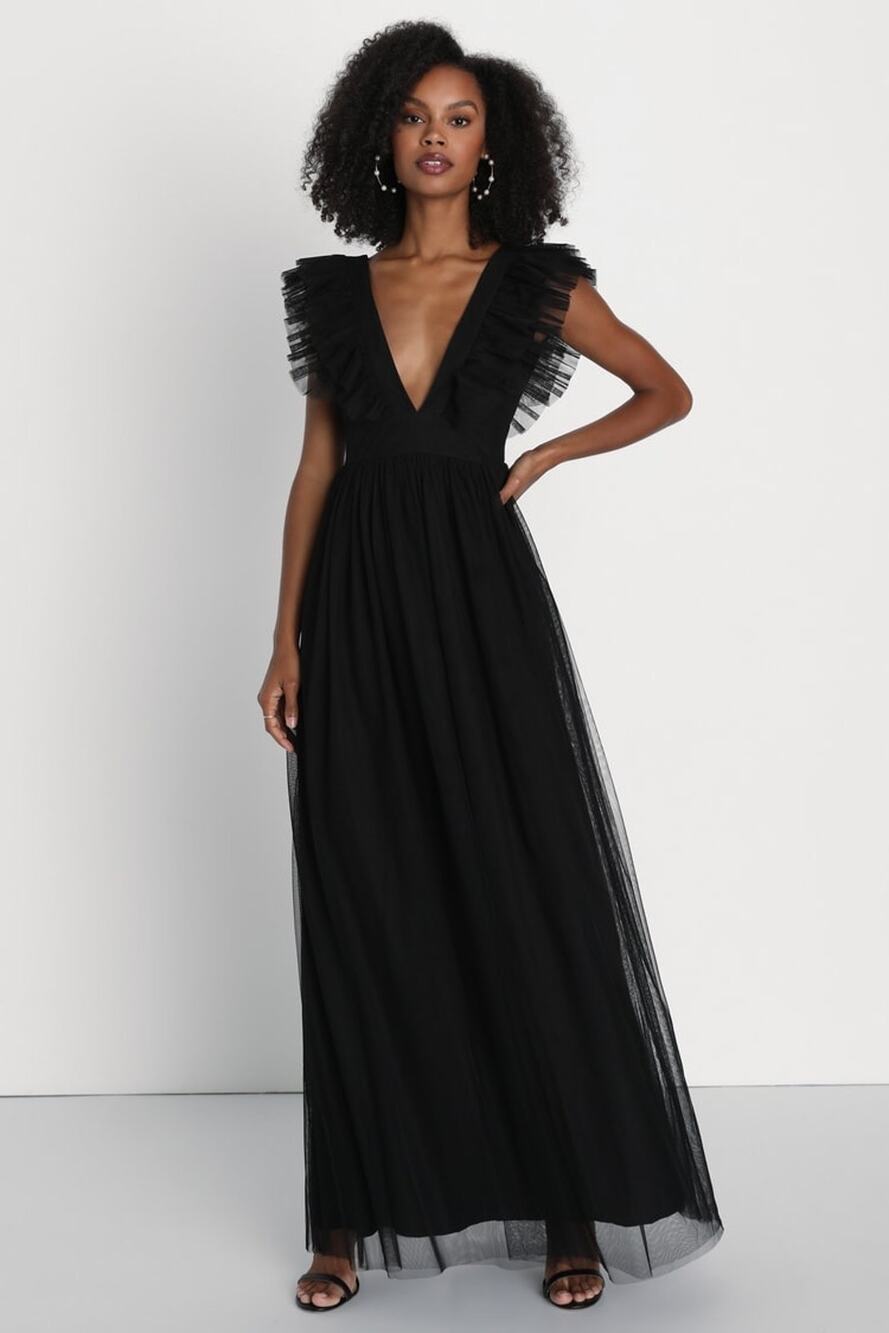 NWT Lulus Simply Delighted Black Mesh Ruffle Backless Maxi Dress Whimsigoth Sz M